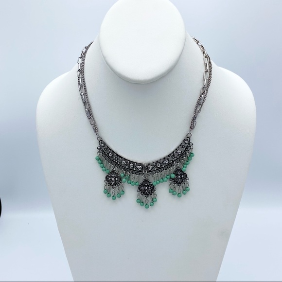 Southwestern Boho Silver Tone Multi Strand Dangling Beaded Statement Necklace - Picture 12 of 14